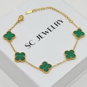 Malachite Clover Bracelet w/ Gold Plated Chain | Double Sided | Stainless Steel